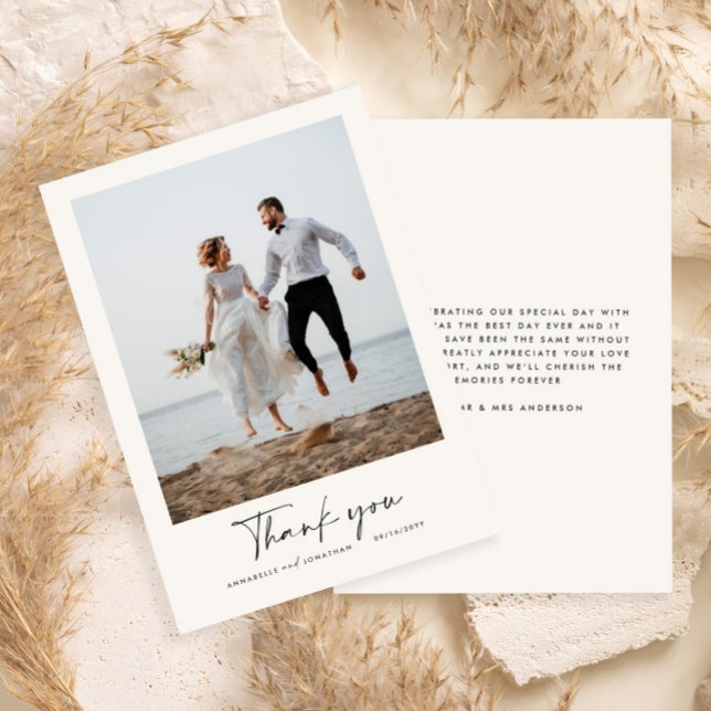 Hochzeitsskripte moderne schwarz-weiße Information Dankeskarte (Von Creator hochgeladen)