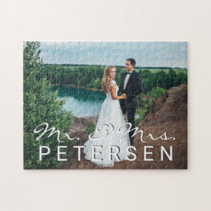 Hochzeitsskriptname Mr. and Mrs. typography Foto Puzzle