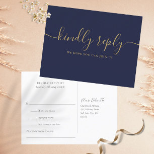 Hochzeitssong-Anfrage RSVP in Navyblau und Gold Einladungspostkarte