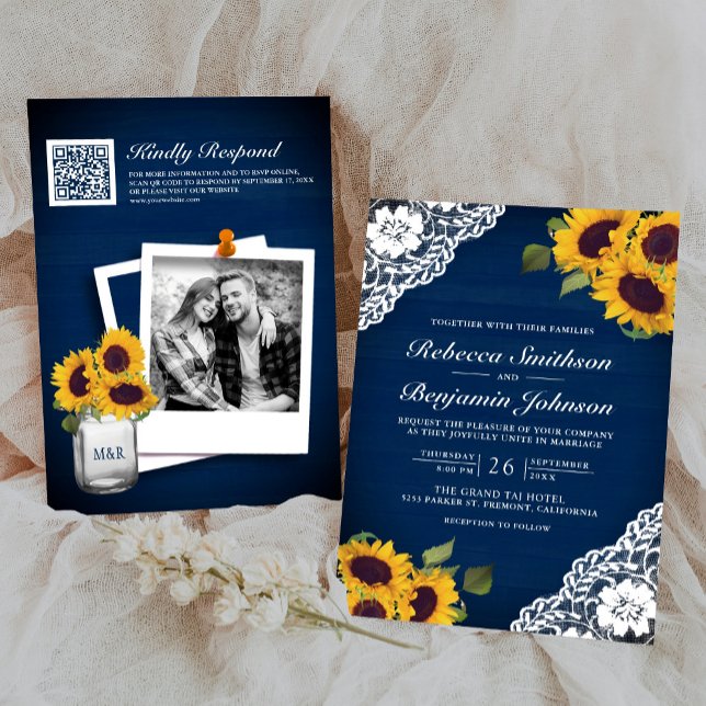 Hochzeitssonne für Navy Wood Lace Sunflower Foto Q Einladung (Von Creator hochgeladen)
