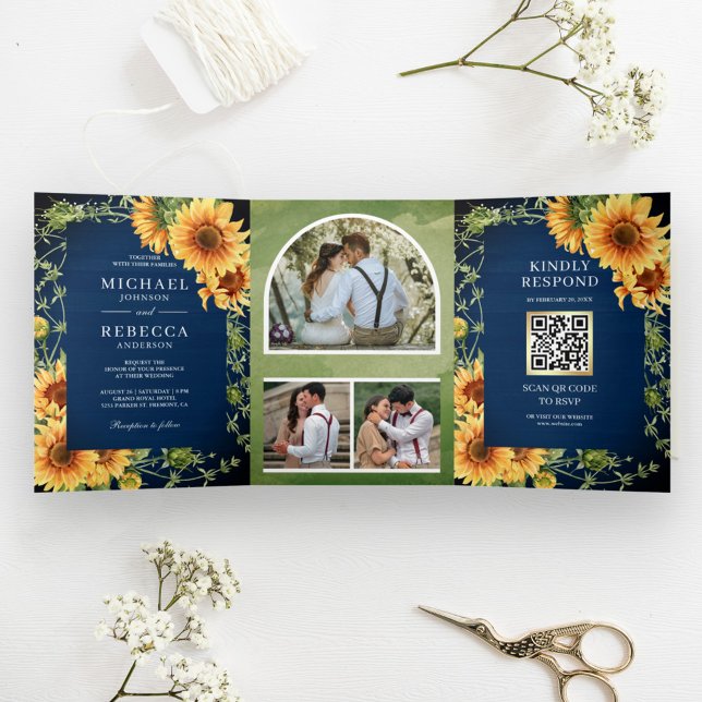 Hochzeitssonne für Navy Wood Sunflowers Foto Arch  Dreifach Gefaltete Einladung (Von Creator hochgeladen)