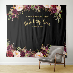 Hochzeitsstand Foto Booth Burgundy Floral Gold Bla Wandteppich