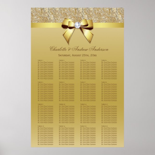 Hochzeitsstichtabelle Gold Sequins Bow Poster (Vorne)
