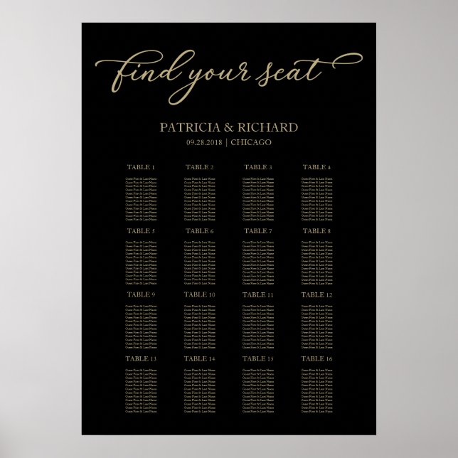 Hochzeitsstichtabelle Signieren Chic Gold Black Poster (Vorne)