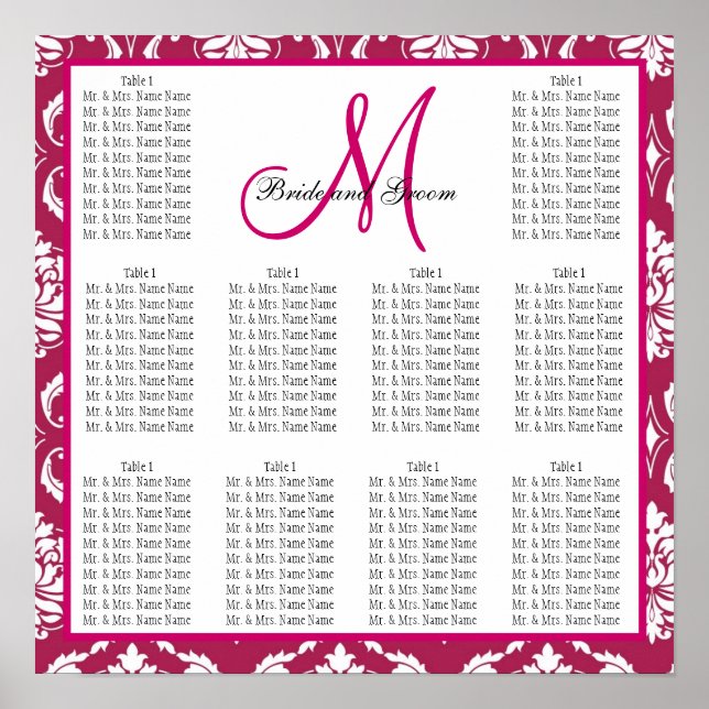Hochzeitsstift Fuchsia Pink Damask Poster (Vorne)