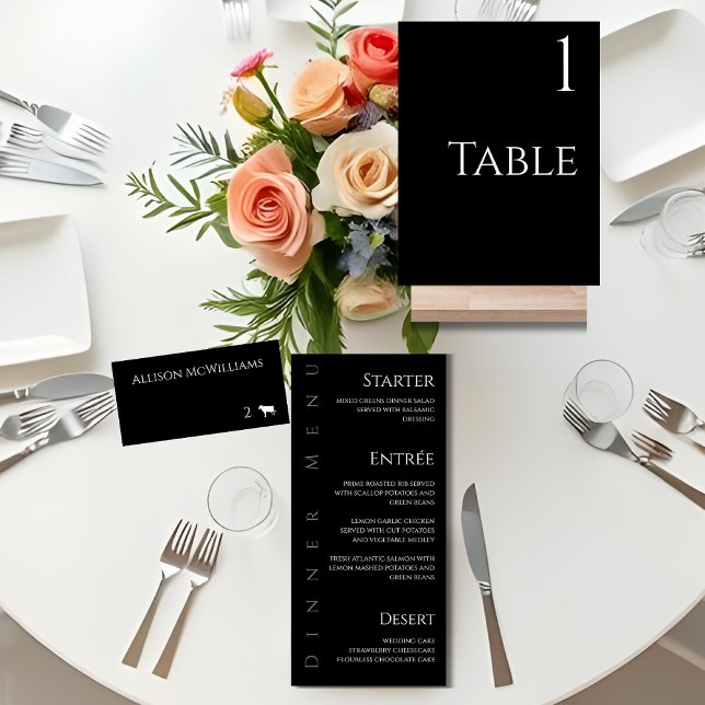Hochzeitsstift Platzkarten-Fleisch-Symbol-Schwarz  Tischnummer (Minimalist Modern Black and White Wedding-Place cards-Table sign, Dinner Menu)