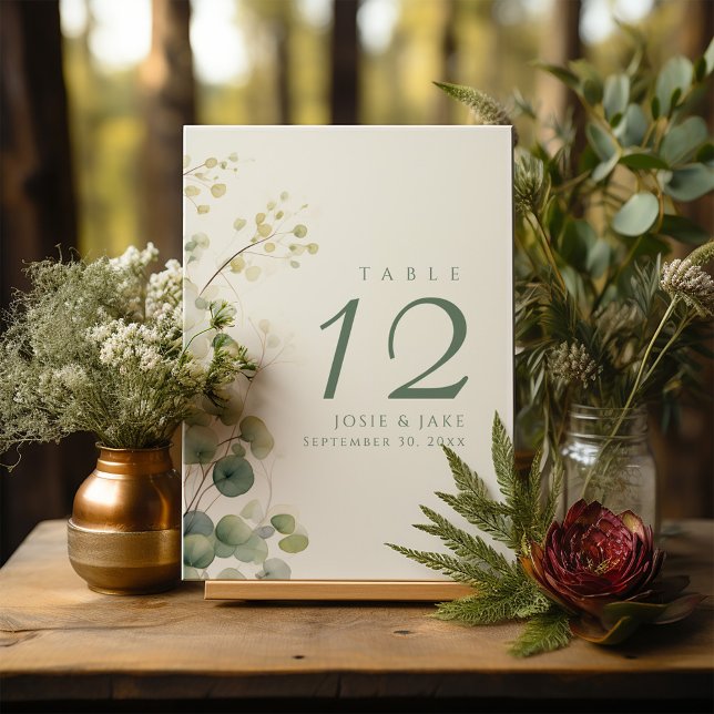 Hochzeitsstift Romantische Tischnummer Eukalyptus (Romantic Floral Eucalyptus Leaves wedding table number sign Card in elegant green.)