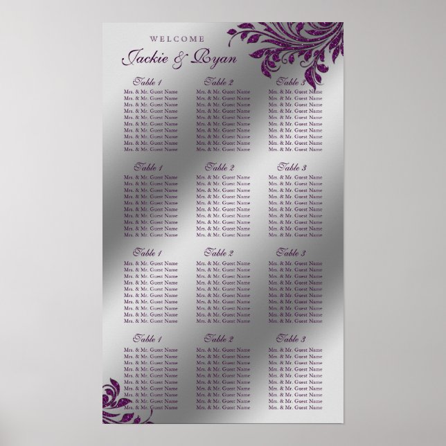 Hochzeitsstift Silber Lila Blätter Sparkle Poster (Vorne)