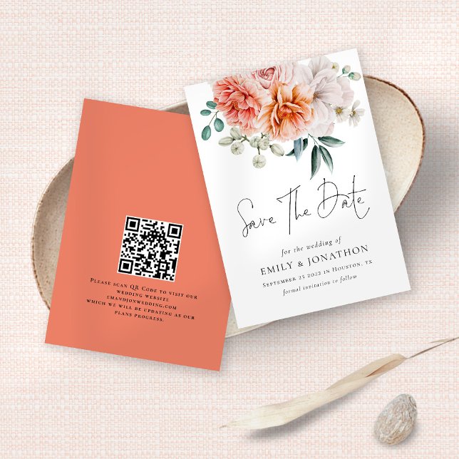 Hochzeitsstiftung mit modernen Peonies Coral Peach Save The Date (Front and back view)