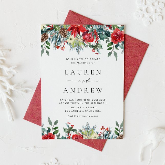 Hochzeitsstimmung im Aquarell Winter Blooms Garlan Einladungspostkarte (Watercolor Winter Blooms Garland Floral Wedding Invitation Postcard)