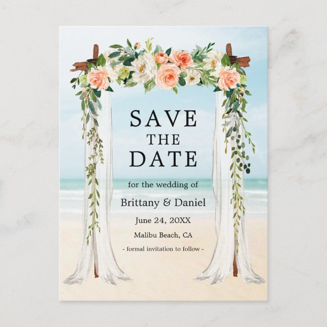 Hochzeitsstrand Canopy Wasserfarbe Korallen Weiße  Ankündigungspostkarte (Vorderseite)