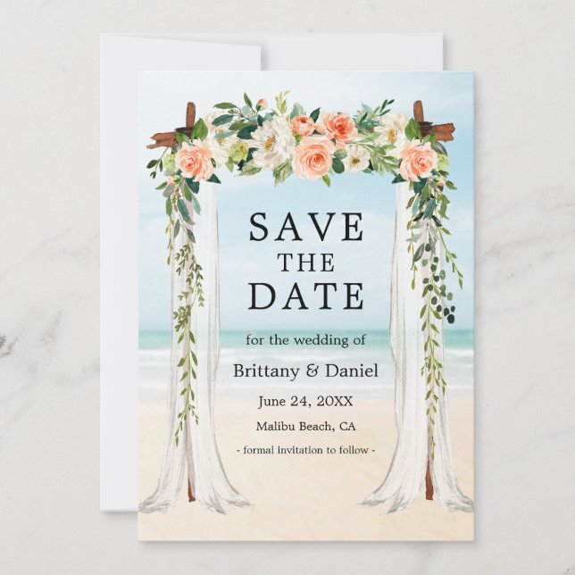 Hochzeitsstrand Canopy Wasserfarbe Korallen Weiße  Save The Date (Vorderseite)