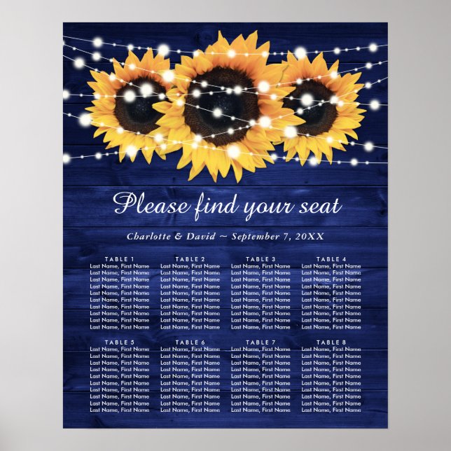 Hochzeitsstühle für Navy Blauer Sonnenblume Tabell Poster (Vorne)