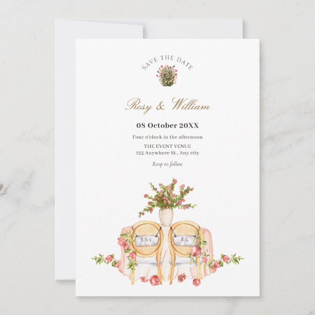 Hochzeitsstühle mit Pflanze Save The Date (Vorderseite)