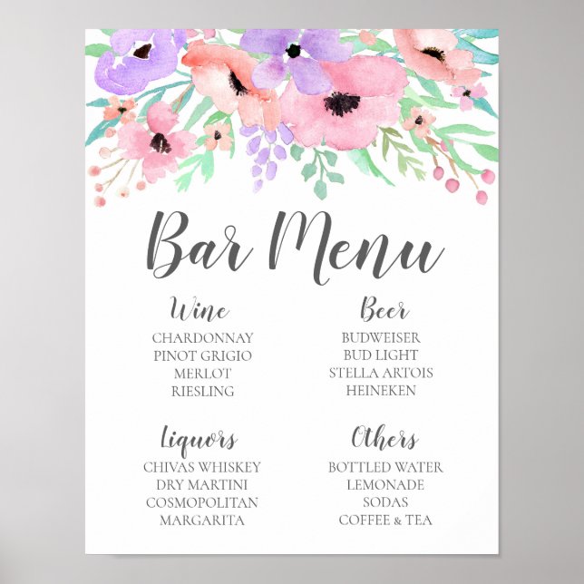 Hochzeitssymbol - Bar Menu Blumenschild Poster (Vorne)