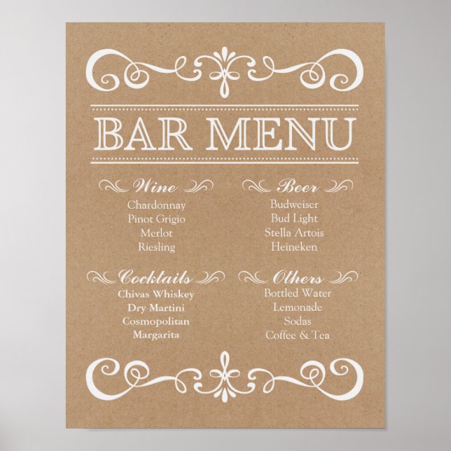 Hochzeitssymbol - Bar Menu Rustic Wedding Sign Poster (Vorne)