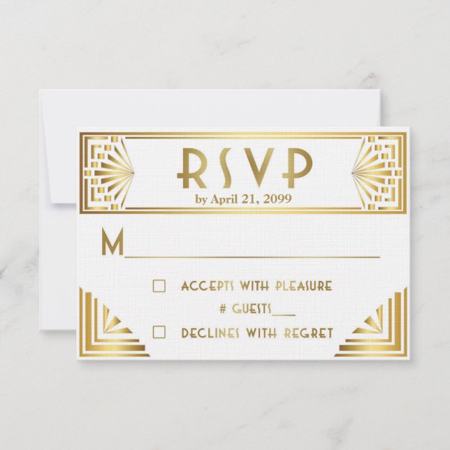 Hochzeitsszenario, Großer Gatsby, Gold auf Weiß RSVP Karte (Vorderseite)