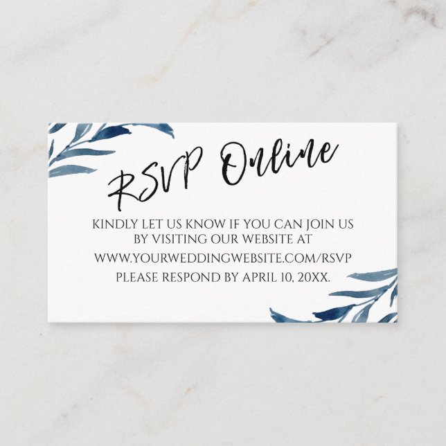 Hochzeitsszenario RSVP Online Typografie Blau gest Begleitkarte (Vorderseite)