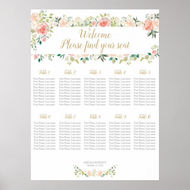 Hochzeitstabelle 10 Tische | ROSE Poster (Vorne)