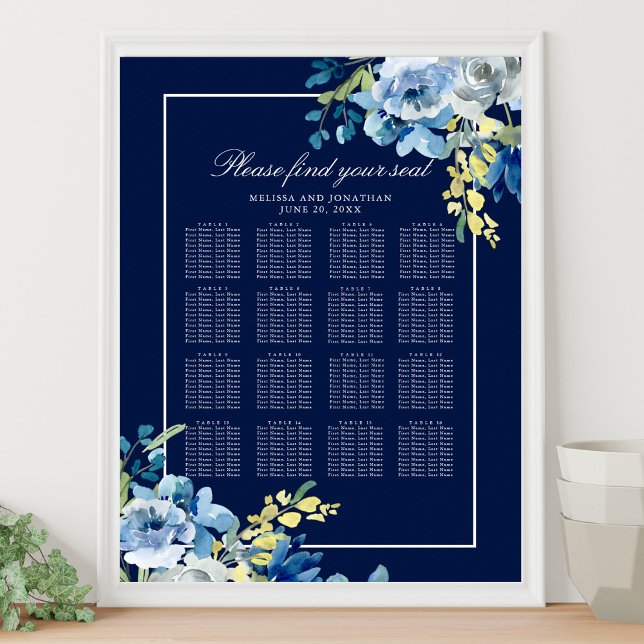 Hochzeitstabelle für Navy Blue Floral 16 Table Sea Poster (Von Creator hochgeladen)