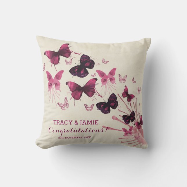 Hochzeitstag-Aquarell-Rosa-Schmetterlinge Kissen Für Draußen (Vorderseite)