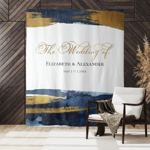 Hochzeitstag   Blue Watercolor Abstrakt Gilded Wandteppich