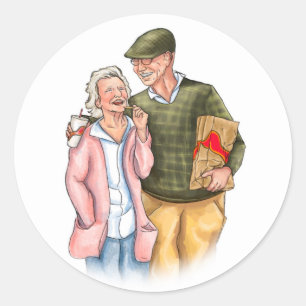 Hochzeitstag der Verliebten, altes süßes Paar Runder Aufkleber