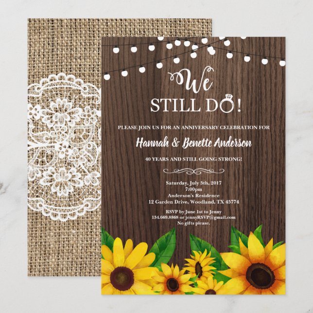 Hochzeitstag Einladung Sonnenblume rustikal (Vorne/Hinten)