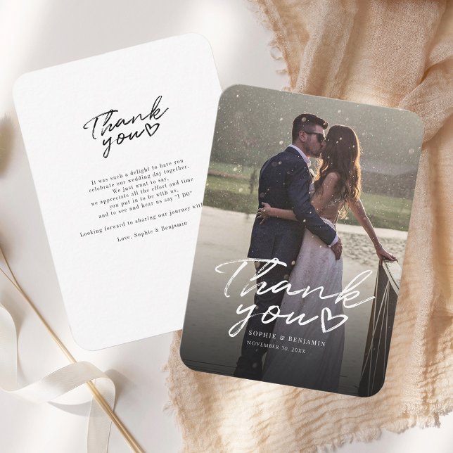 Hochzeitstag Foto Handschrift Danke Budget Mitteilungskarte (Wedding Day Photo Thank You Card)