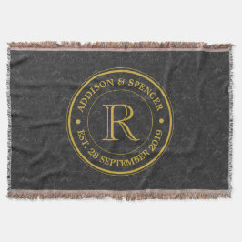 Hochzeitstag-Goldmonogramm-Schwarz-Leder Decke