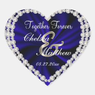 Hochzeitstag Navy Blue Satin   Personalisieren Herz-Aufkleber