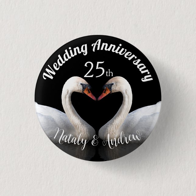 Hochzeitstag zwei Schwäne Schwarz Button (Vorderseite)