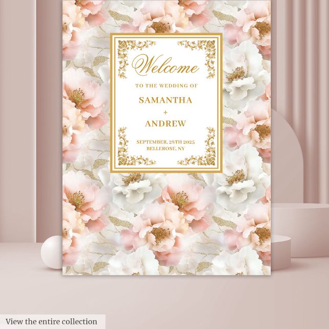 Hochzeitstapete mit Blütengold Wandteppich (Boho blush ivory gold floral wedding tapestry)