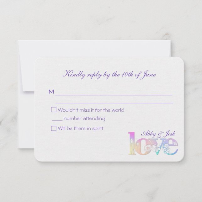 Hochzeitstext RSVP-Regenbogen-Liebe auf Weiß RSVP Karte (Vorderseite)