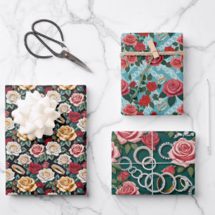 Hochzeitsthema mit Rose und Hochzeitsrennen Geschenkpapier Set