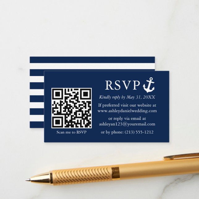 Hochzeitstich Nautical Navy Blue Anchor UAWG QR St Begleitkarte (Vorderseite/Rückseite Beispiel)