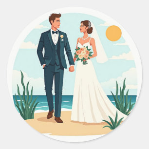 Hochzeitsticker am Ozean Runder Aufkleber
