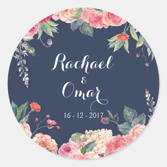 Hochzeitsticker für Navy Blue und Rosa Runder Aufkleber (Vorderseite)
