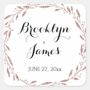 Hochzeitsticker Rose Gold Foil Blumenreath Quadratischer Aufkleber