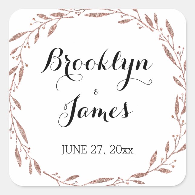 Hochzeitsticker Rose Gold Foil Blumenreath Quadratischer Aufkleber (Vorderseite)