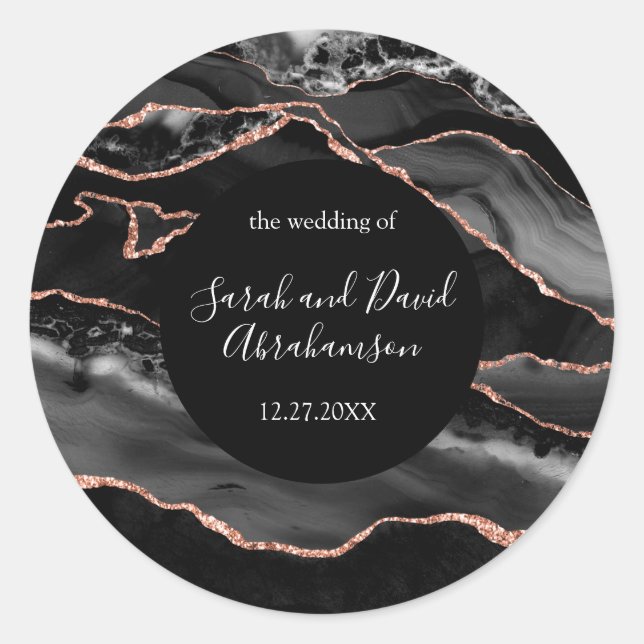 Hochzeitsticker Schwarz und Rose Gold Glitzer Agat Runder Aufkleber (Vorderseite)