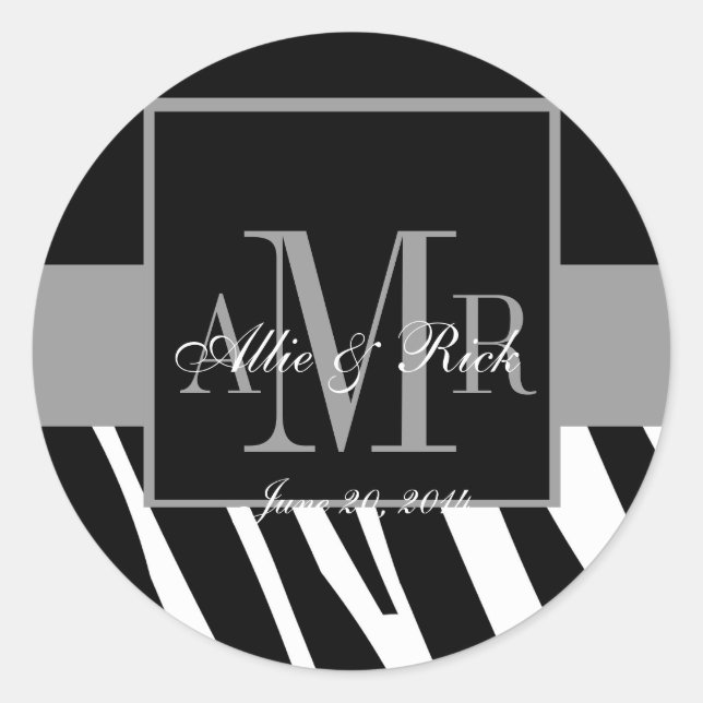 Hochzeitsticker Zebra Monogram-Namen Runder Aufkleber (Vorderseite)