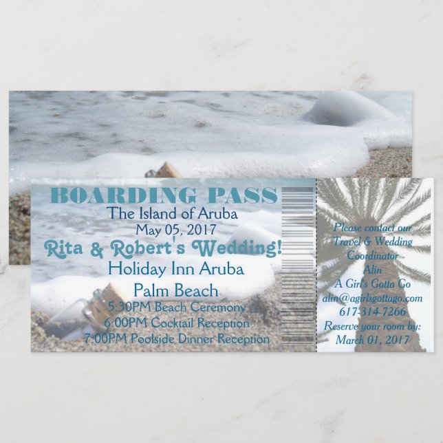 Hochzeitsticket für den Boarding in einer Flasche Einladung (Vorne/Hinten)