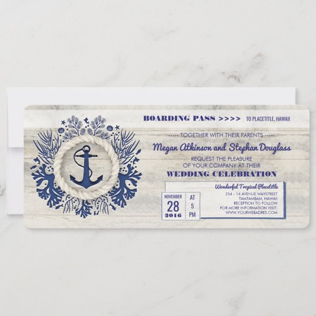 Hochzeitsticket für Navy Nautical Anchor Boarding Einladung (Vorderseite)