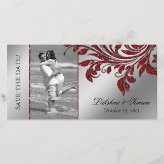 Hochzeitstil-Fotokarte Save the Date Leaf Red Silv