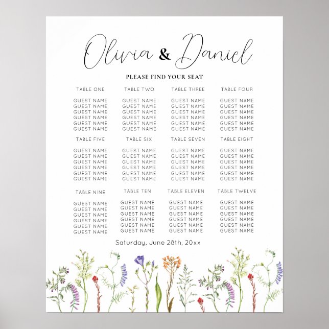 Hochzeitstisch 12 Wildblumen Blumenstühle Poster (Vorne)