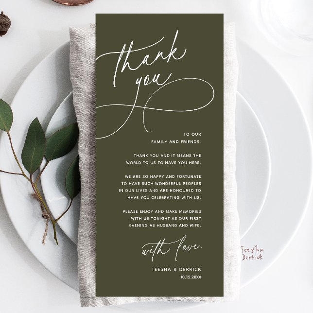Hochzeitstisch Danke Elegante Empfangskarte Programm (Wedding Table Thank You Elegant Reception Dinner Card in olive green)