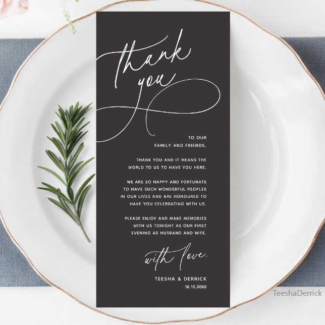 Hochzeitstisch Dankeschön Elegante Empfangskarte Programm (Wedding Table Thank You Elegant Reception Dinner Card in charcoal grey)