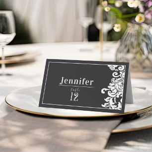 Hochzeitstisch für moderne Schwarz-Weiß-Damast Platzkarte