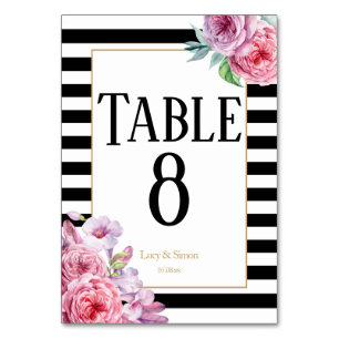 Hochzeitstisch Nummer Pinke Rosen und Streifen Tischnummer